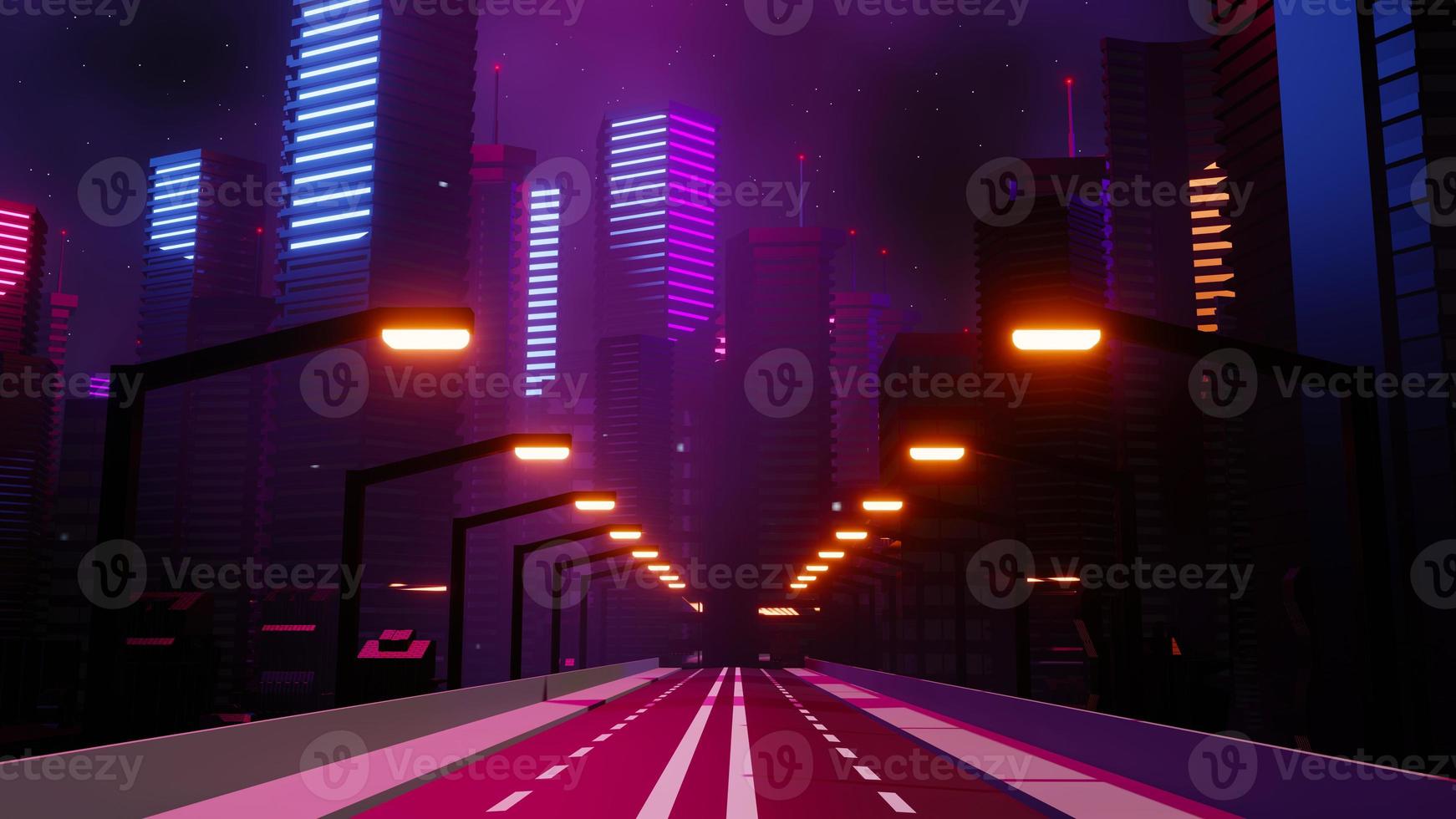 3d renderização do conceito de paisagem de cidade noturna cyber punk. luz brilhando na cena escura. vida noturna. rede de tecnologia para 5g. além da geração e futurista da capital da ficção científica e da cena do edifício. foto