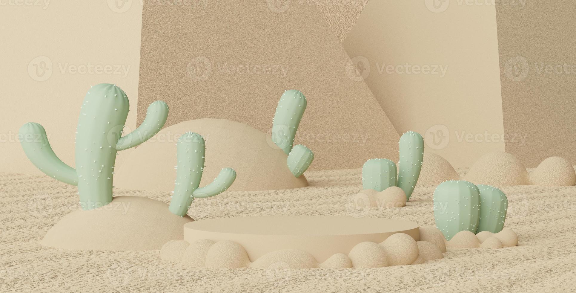 3d renderização do pódio de exibição mínimo abstrato para mostrar produtos, apresentação cosmética e mock up com cactos. cena de vitrine com tom de terra pastel e fundo de ambiente tropical. foto