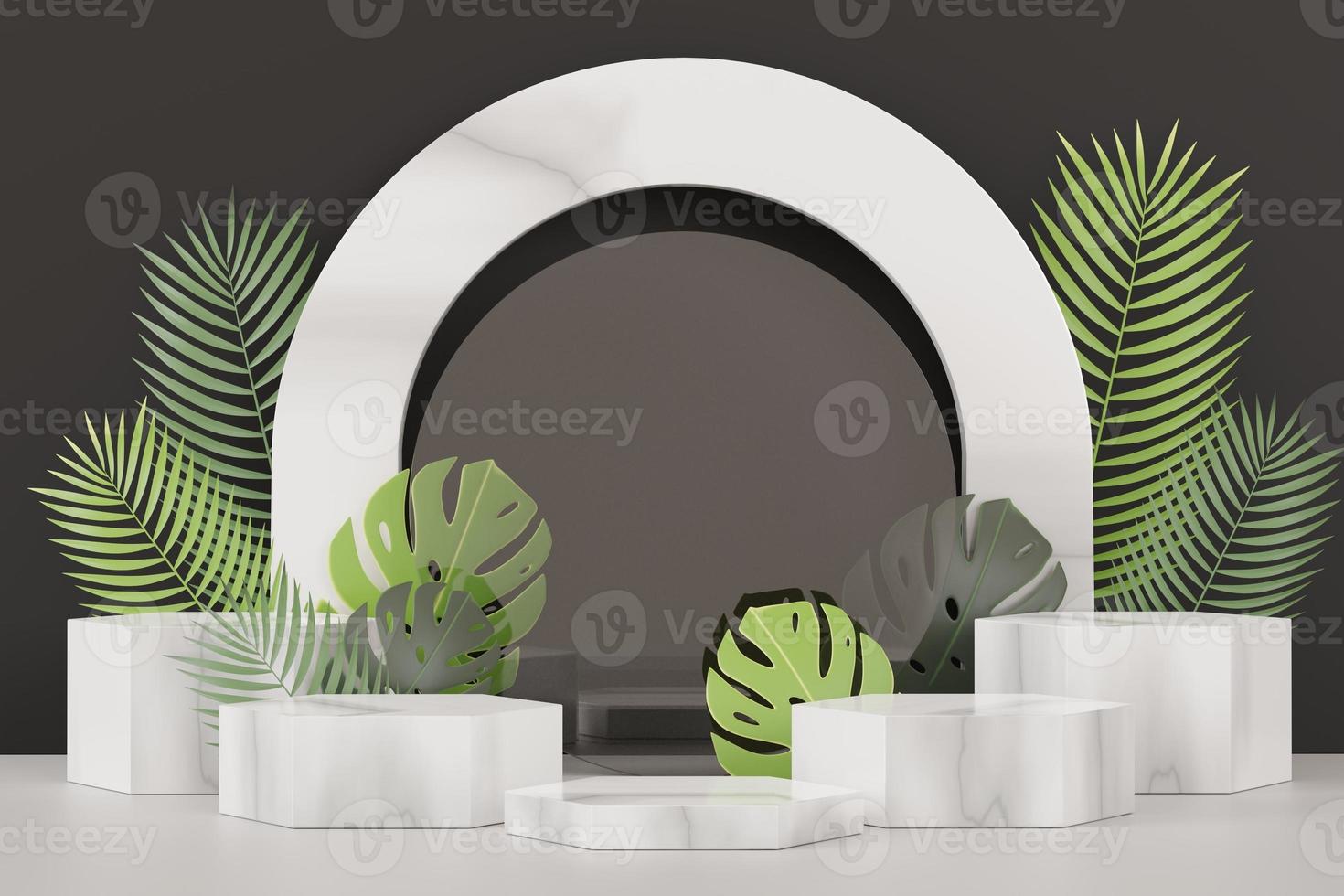 3D render de exibição de pódio de pedestal abstrato com folhas de monstera tropical. conceito de produto e promoção para publicidade. fundo natural verde. foto