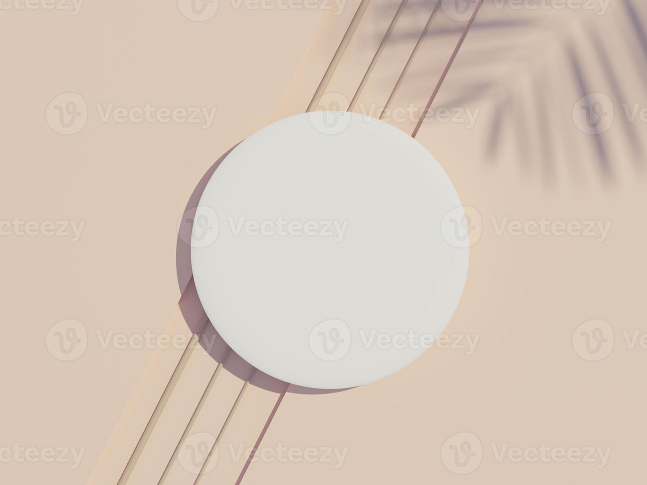 Vista superior de renderização 3D do quadro de cilindro em branco branco para simular e exibir produtos com sombras de folhas de palmeira e fundo de tom de terra. foto
