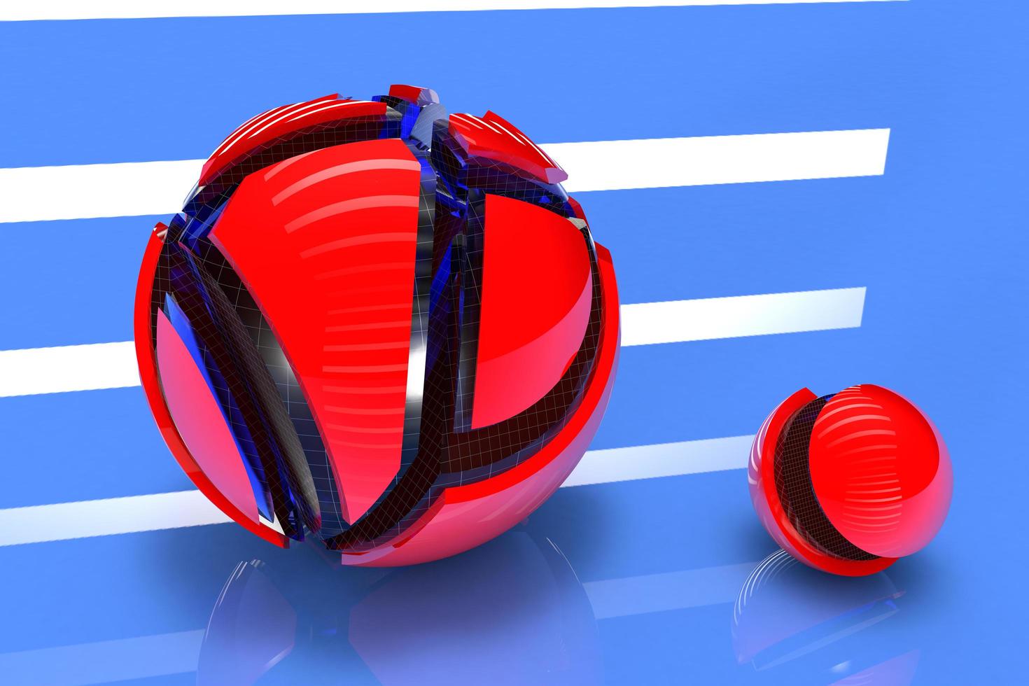 3d esferas futuristas vermelhas com uma superfície reflexiva em um fundo azul foto