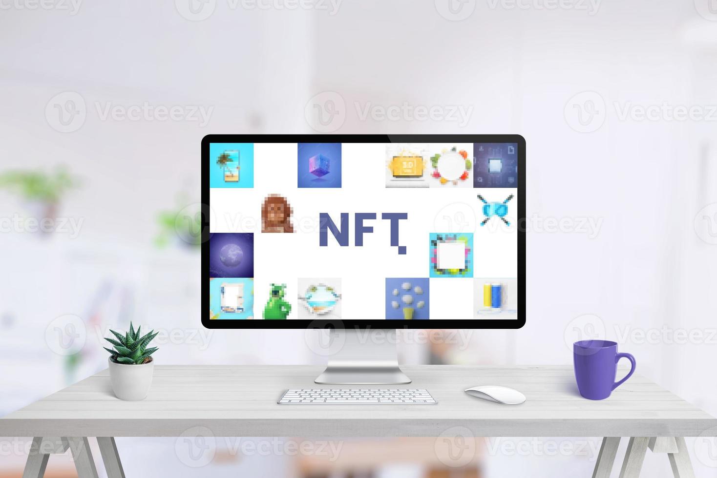 exibição de computador na mesa de trabalho com conceito de arte nft. conceito de composição de token não fungível foto