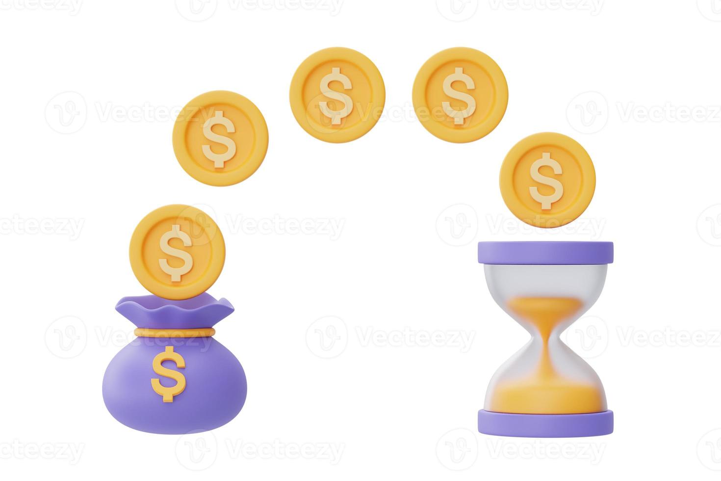 valor de tempo do conceito de dinheiro com bolsa de ampulheta e moeda, gestão de tempo, investimento a longo prazo, prazo de pagamento, renderização em 3d. foto