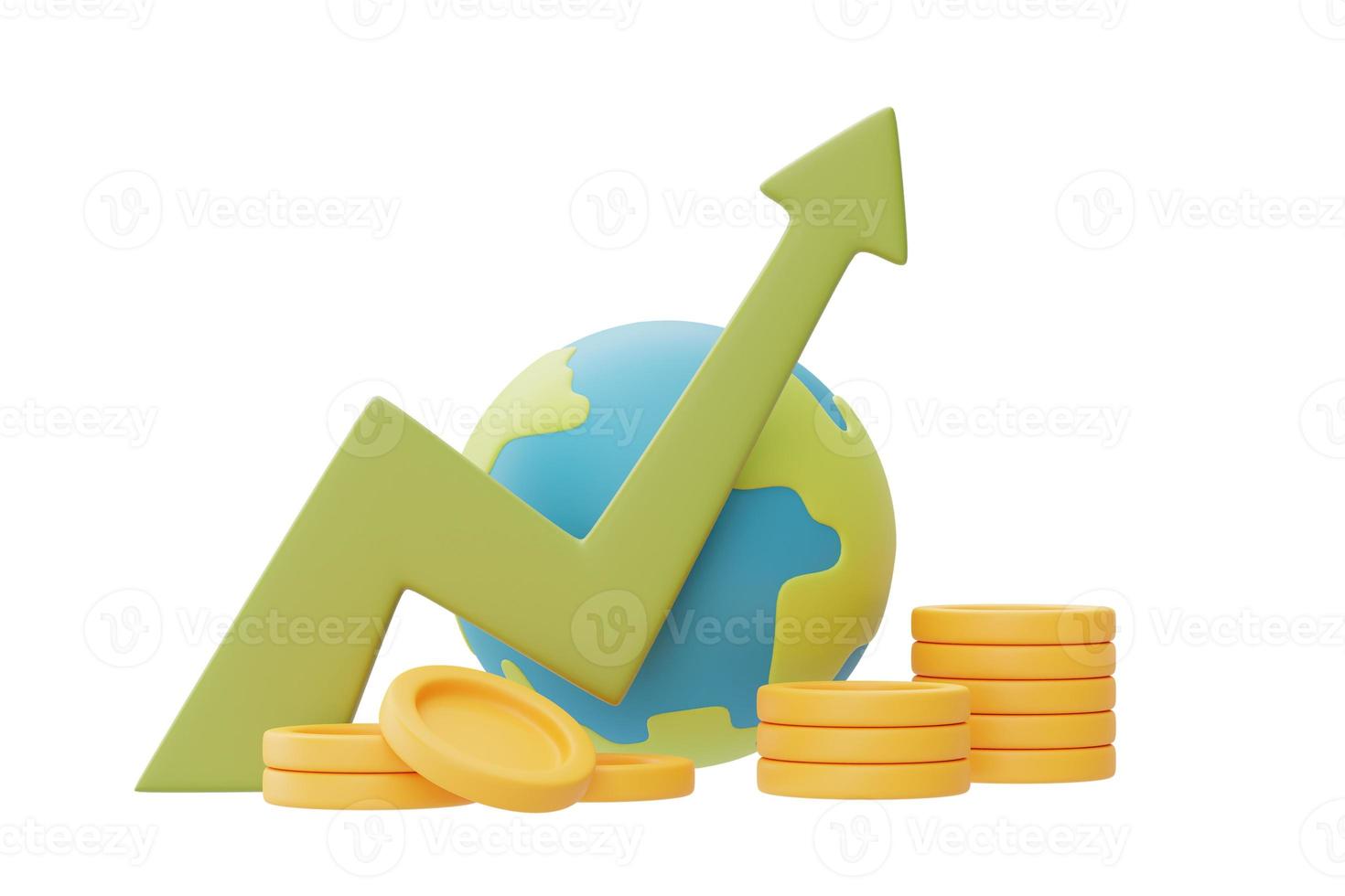 mercados financeiros e conceito de economia global com pilhas de moedas, estatística de aumento da taxa de câmbio, renderização em 3d. foto