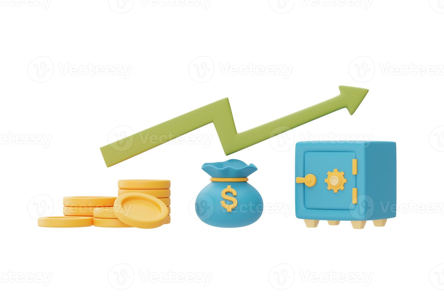 investimentos financeiros conceito de crescimento de renda futura com pilhas de moedas, saco de moedas e cofre, economizando dinheiro ou aumento de juros, renderização em 3d foto