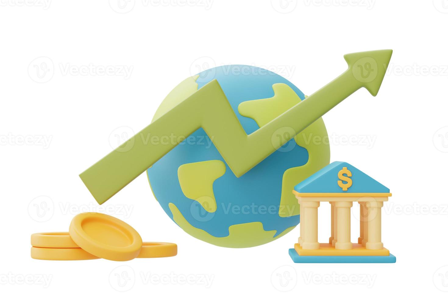 mercados financeiros e conceito de economia global com construção de dinheiro e banco, estatística de aumento da taxa de câmbio, renderização em 3d. foto