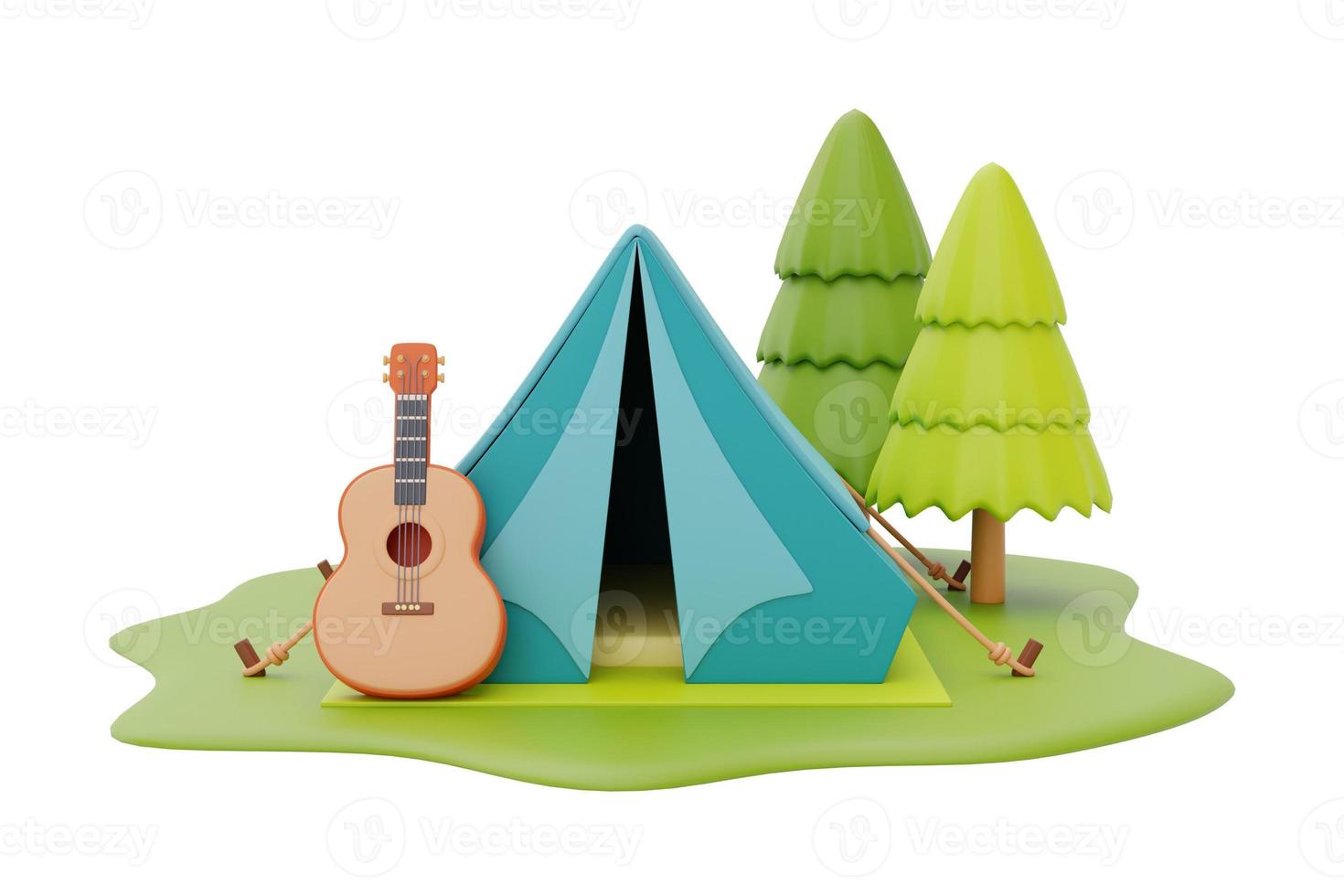 barraca de acampamento turística com guitarra no local de acampamento, conceito de acampamento de verão, renderização em 3d. foto