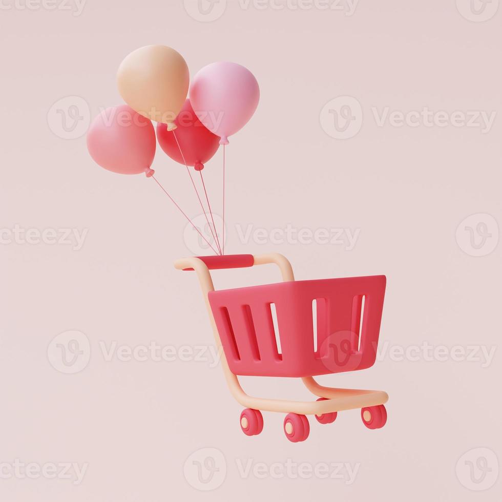 3d renderização de carrinho de compras rosa com balões flutuando isolado em fundo pastel, conceito de venda de dia dos namorados, estilo mínimo. foto