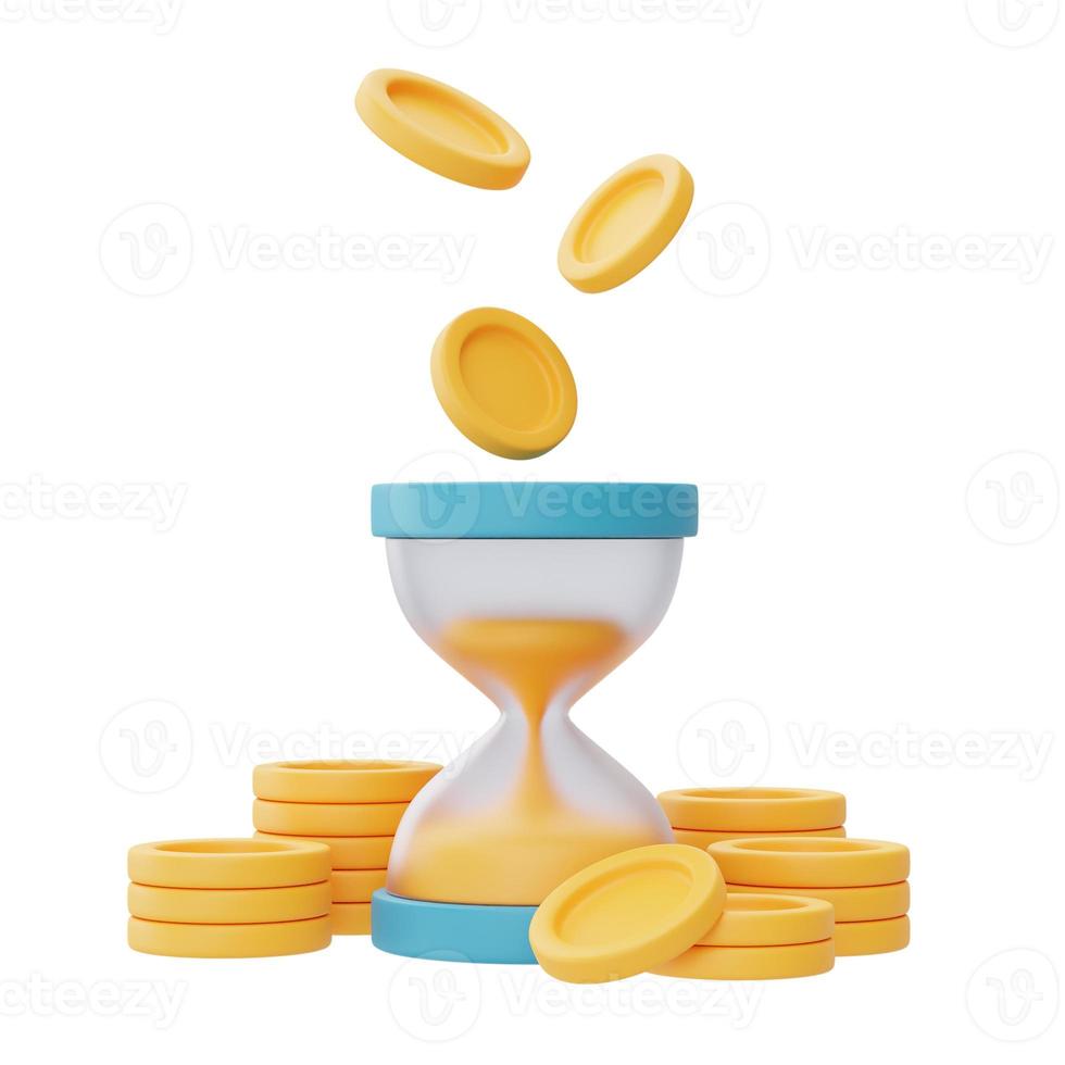valor do tempo do conceito de dinheiro com pilhas de ampulheta e moedas, gestão de tempo, investimento a longo prazo, prazo de pagamento, renderização em 3d. foto
