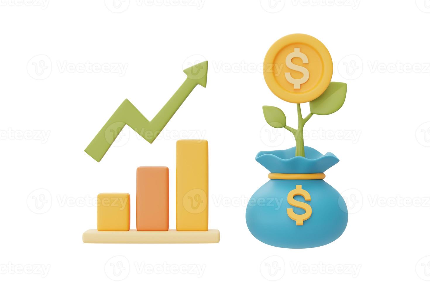 investimentos financeiros conceito de crescimento de renda futura com pilhas de moedas, saco de moedas e gráfico, economizando dinheiro ou aumento de juros, renderização em 3d foto