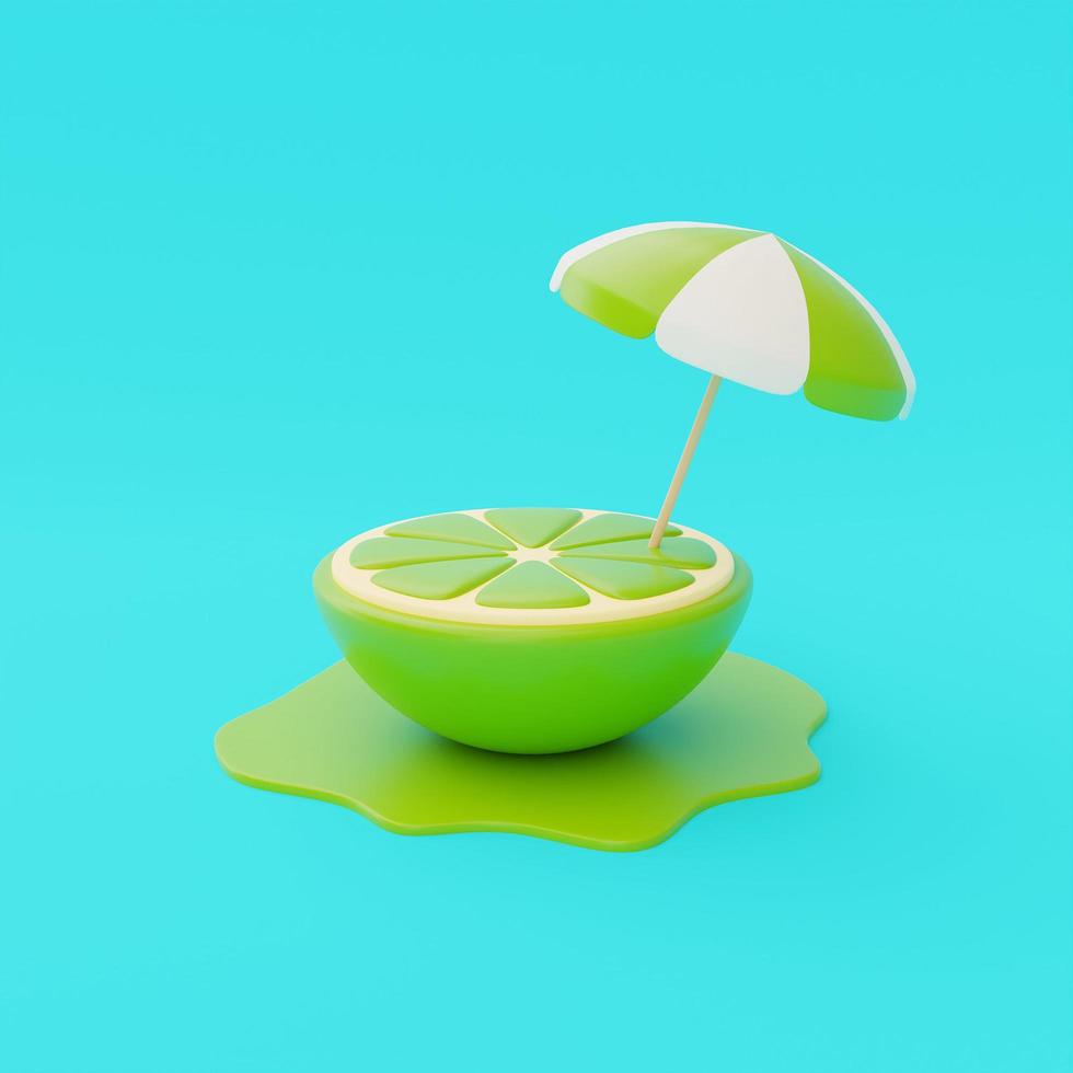 fatia de limão com guarda-sol isolado em fundo azul, frutas de verão, renderização em 3d. foto