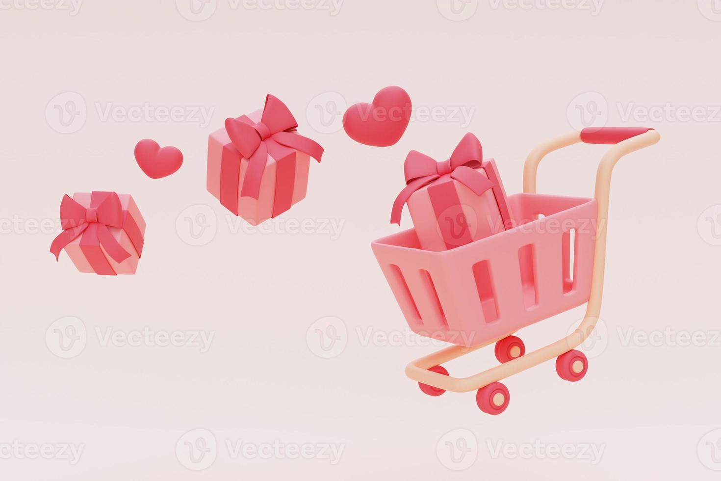 3d renderização do carrinho de compras rosa com caixas de presente e flutuador de hart em fundo pastel, conceito de venda de dia dos namorados, estilo mínimo. foto