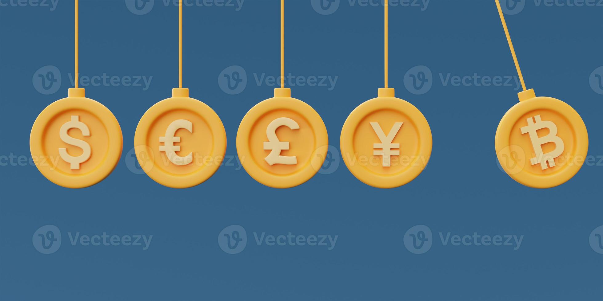 moedas penduradas com símbolo de moeda, bitcoin, dólar, euro, sinal de libra e iene, renderização em 3d. foto