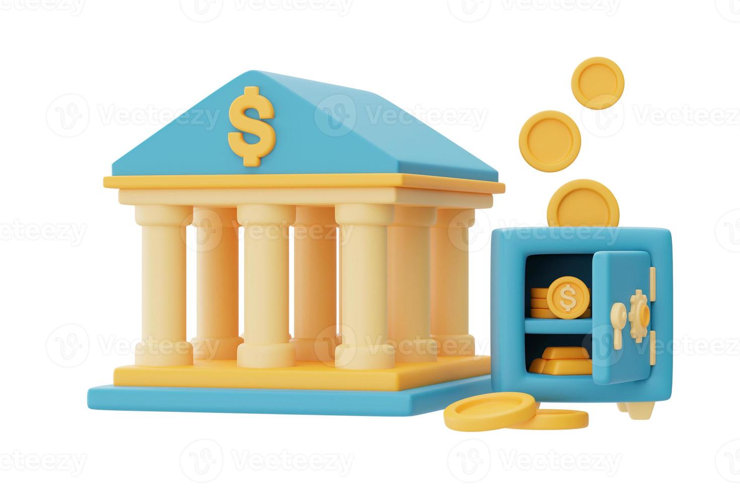 3D render do edifício do banco com cofre e pilhas de moedas de ouro isoladas em fundo claro, conceito de transferência de dinheiro, renderização de investimento financeiro de negócios.minimal style.3d. foto