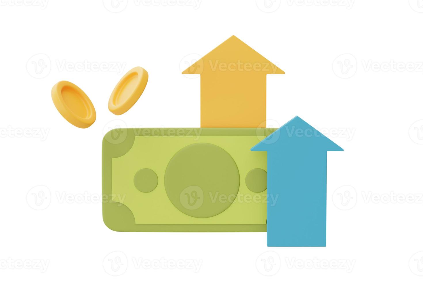 investimentos financeiros conceito de crescimento de renda futura com notas e setas, economizando dinheiro ou aumento de juros, renderização em 3d foto