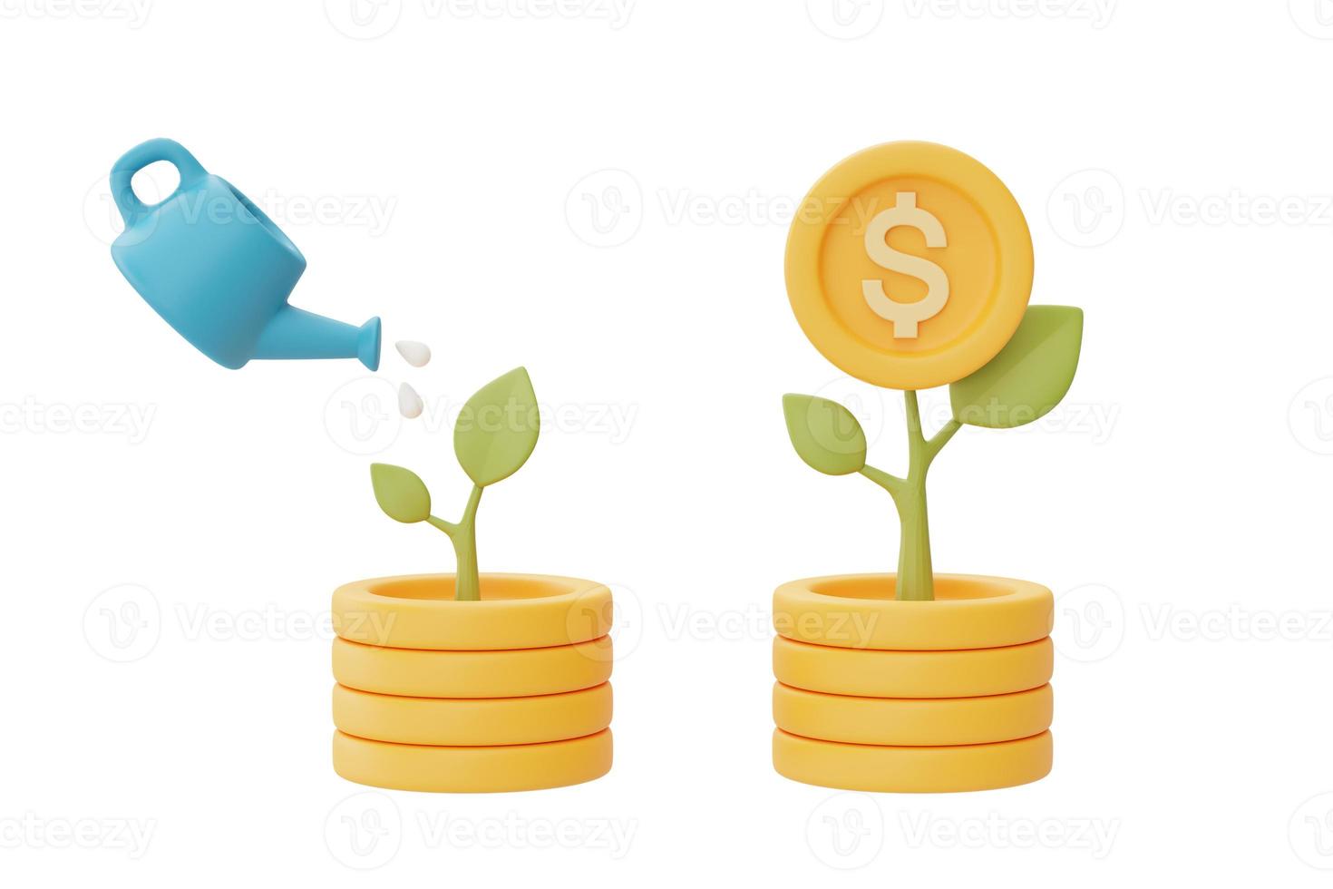 investimentos financeiros conceito de crescimento de renda futura com pilhas de moedas de dólar e plantas, economizando dinheiro ou aumento de juros, renderização em 3d foto