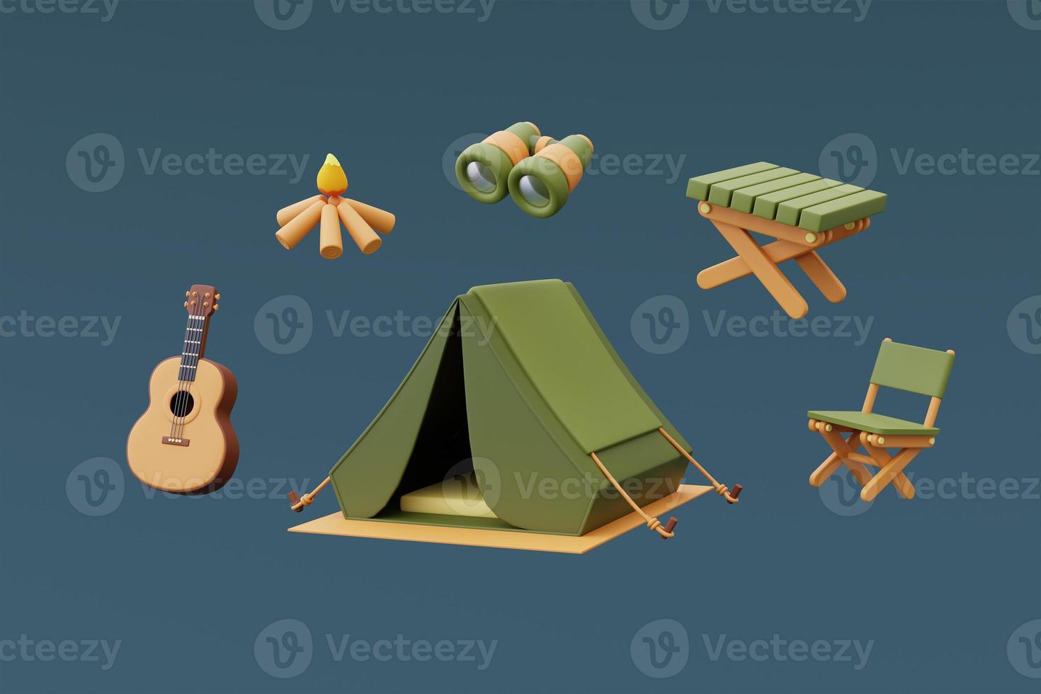 conjunto de equipamentos de camping com tenda turística, mochila, lanterna, mesa de madeira, binóculos isolados sobre fundo azul, férias de férias concept.minimal style.3d renderização. foto