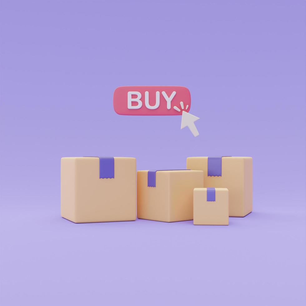 Caixas de encomendas de compras 3d com botão de compra clique em fundo roxo, conceito de compras online, renderização em 3d. foto