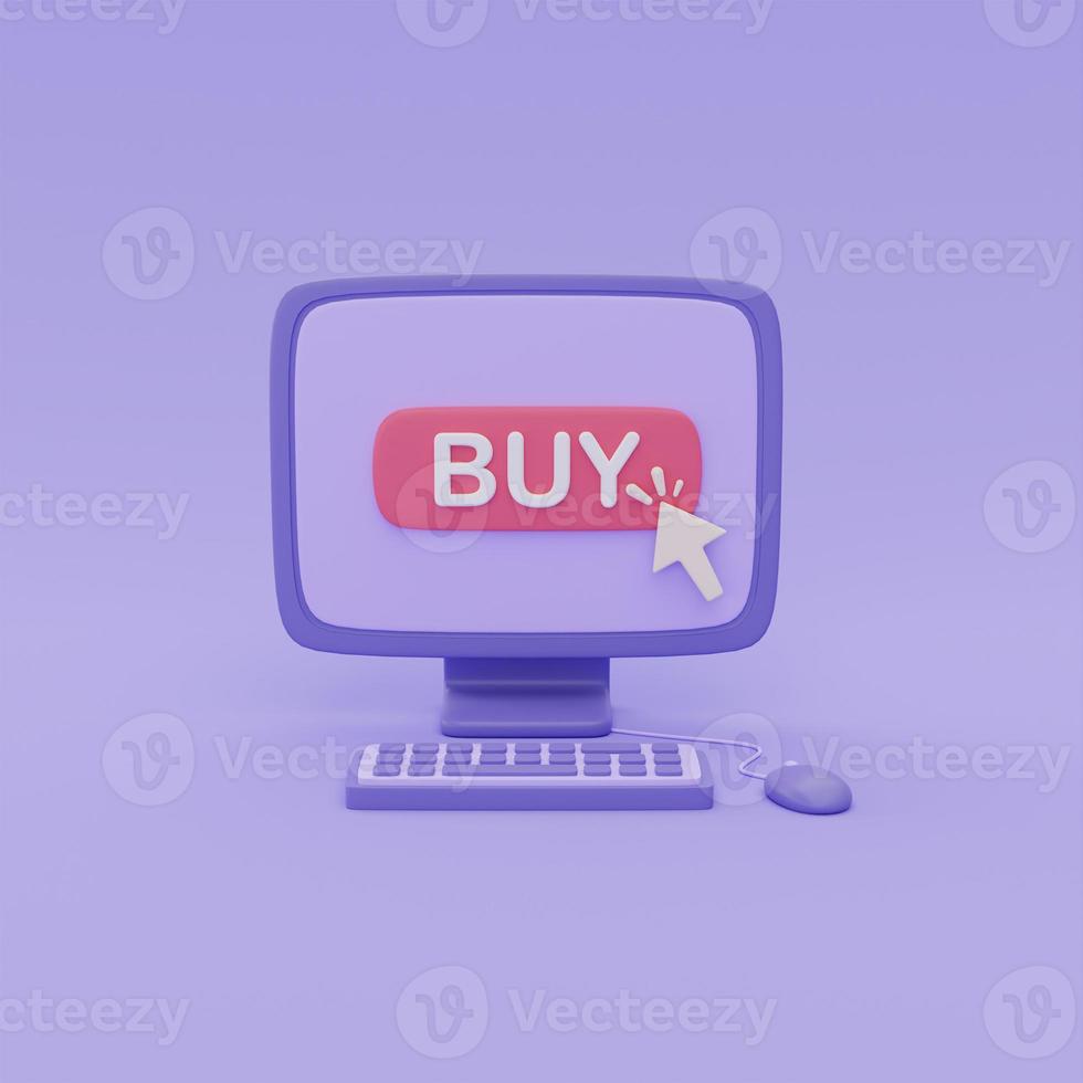 Computador 3d com botão de compra clique em fundo roxo, conceito de compras online, renderização em 3d. foto