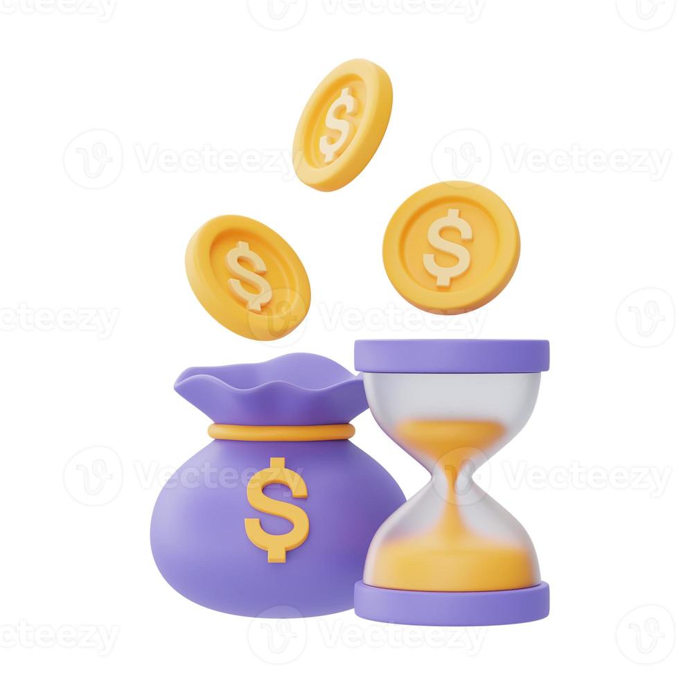 valor de tempo do conceito de dinheiro com bolsa de ampulheta e moeda, gestão de tempo, investimento a longo prazo, prazo de pagamento, renderização em 3d. foto