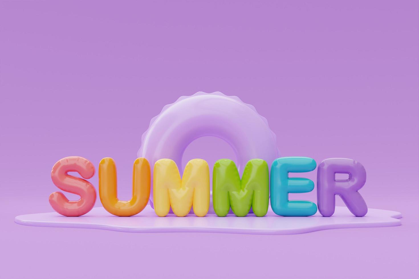 conceito de horário de verão com anel inflável e texto de balão colorido de verão em fundo roxo, renderização em 3d. foto