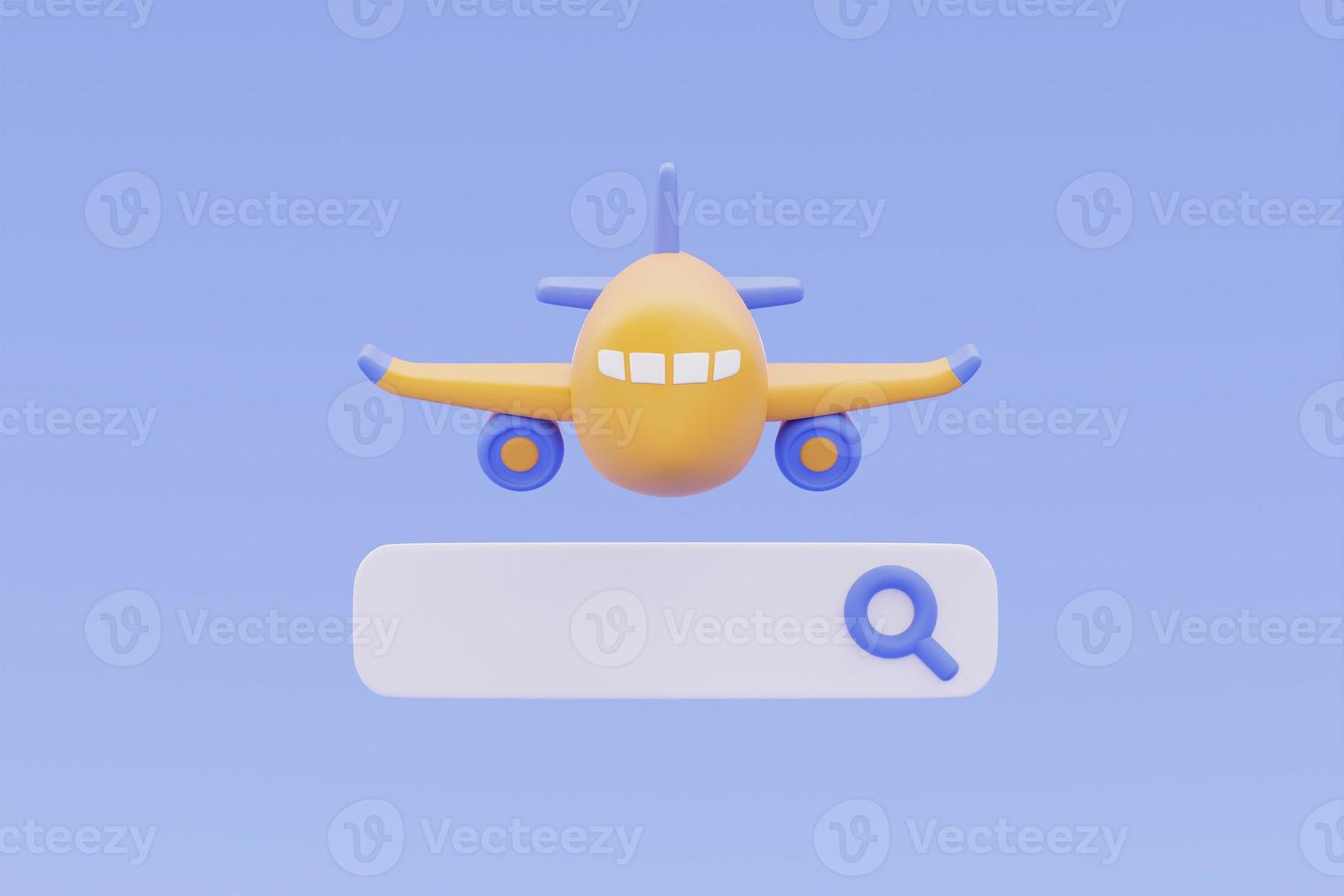 turismo e viagens, reserva de passagens aéreas on-line com avião amarelo e barra de pesquisa, férias de férias, renderização em 3d foto