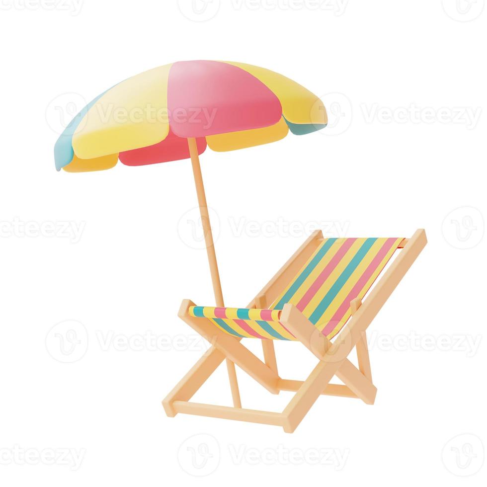 cadeira de praia colorida e guarda-chuva isolam em fundo branco, elementos de praia de verão, renderização em 3d. foto