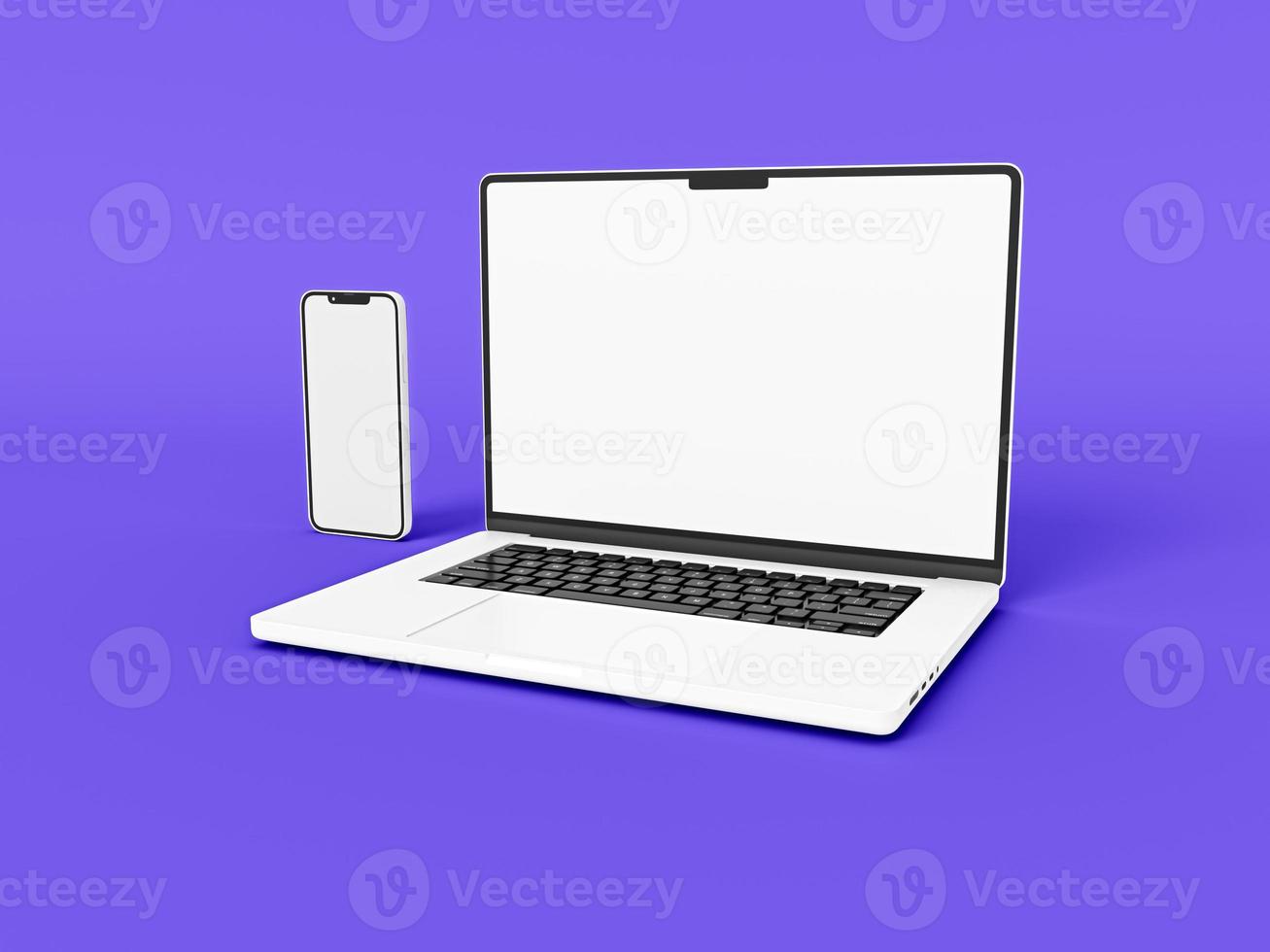 laptop e telefone smartphone em fundo branco em estilo minimalista para maquete e site responsivo. computador portátil de tela em branco, celular 2022 ilustração 3d renderizada foto