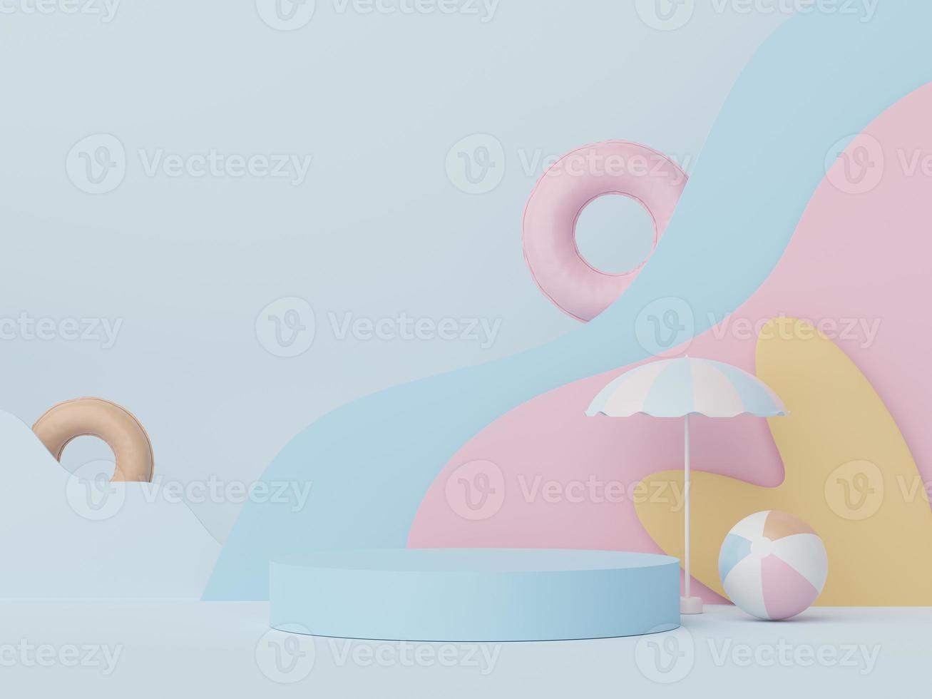 3d renderização do pódio de exibição mínimo com o conceito de plano de fundo da temporada de verão. pedestal minimalista para web banner e mock up. foto