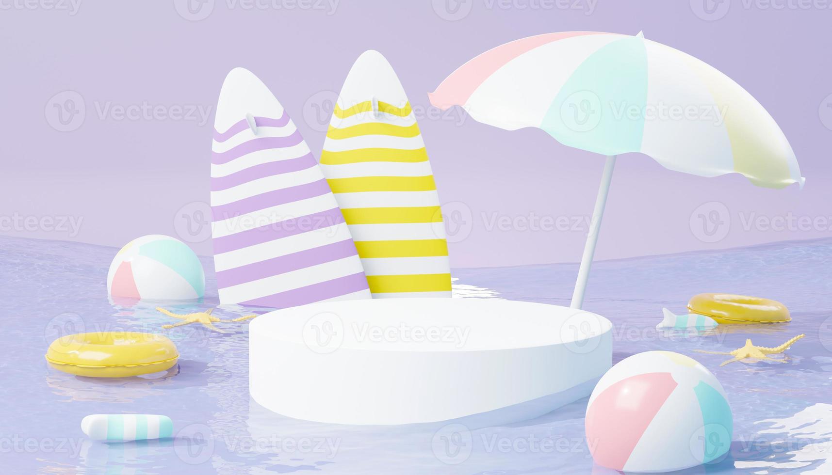3D rendem o pódio de venda de verão para mostrar o produto. cena de férias de praia no verão para maquete. foto