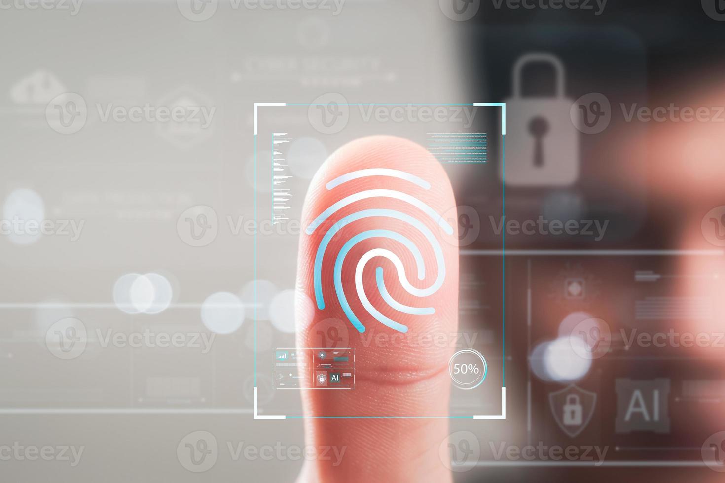 segurança da tecnologia futura e cibernética na internet, a digitalização de dedos permite o acesso à segurança e identificação de empresas de big data, bancos e computadores em nuvem. foto