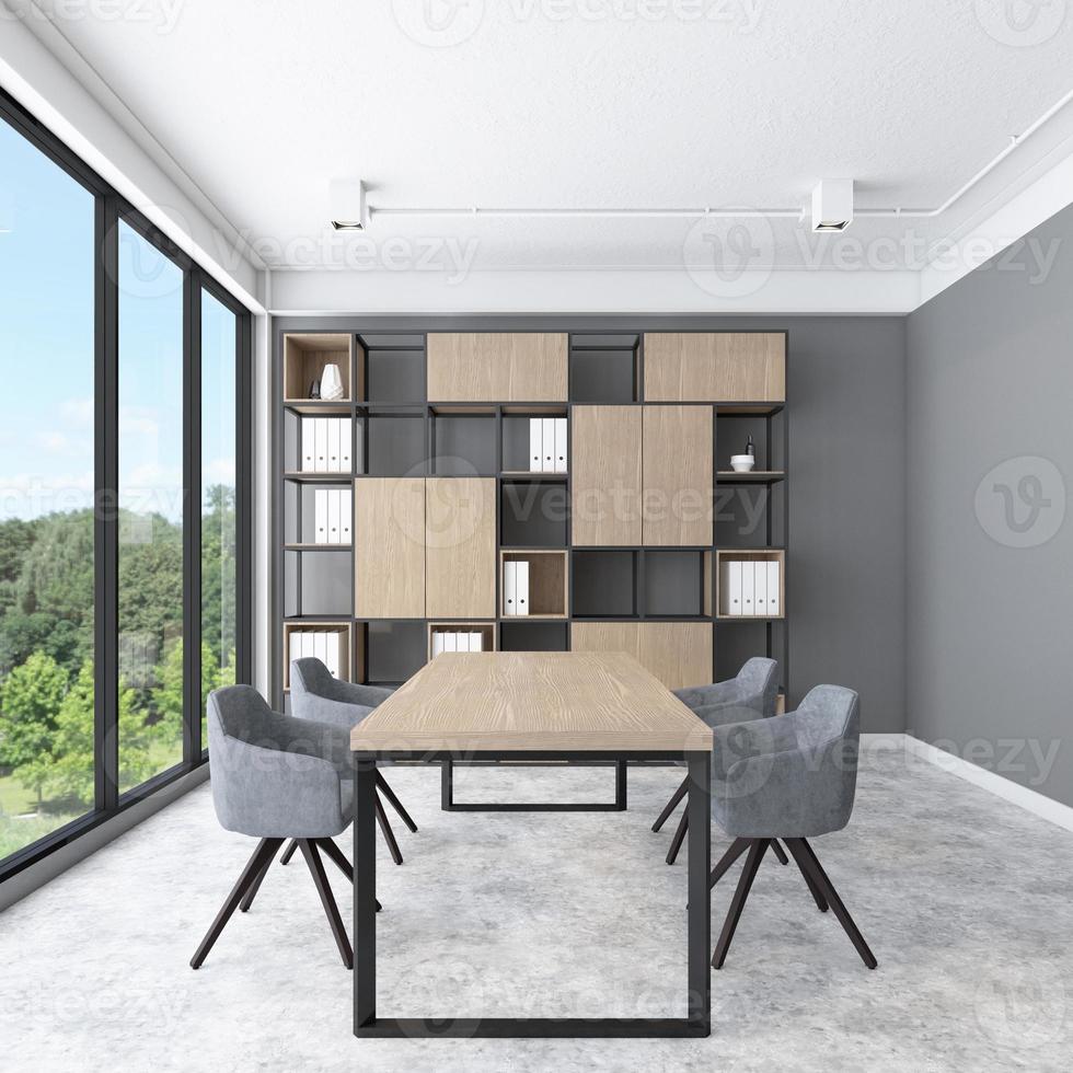 área de reunião loft minimalista com mesa e prateleira de madeira, parede cinza e piso de concreto. renderização em 3D foto