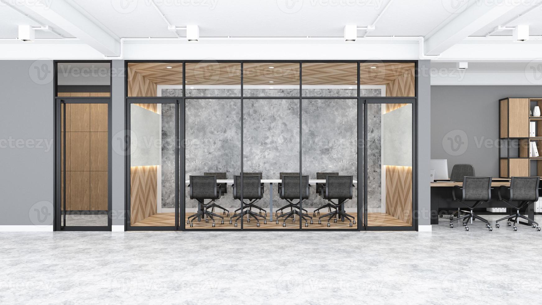 moderna sala de reuniões loft com mesa branca e parede de padrão de madeira, piso de madeira. renderização em 3D foto