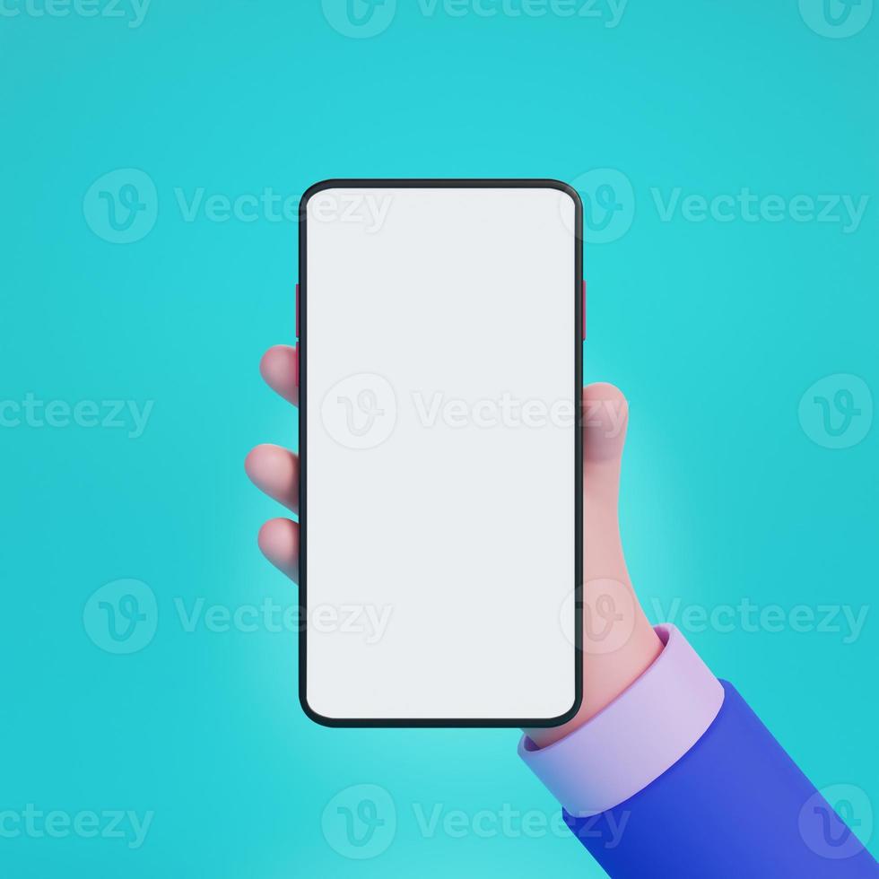 mão segurando o smartphone isolado em fundo azul, mão usando maquete de celular, conceito de comércio eletrônico. renderização em 3D foto
