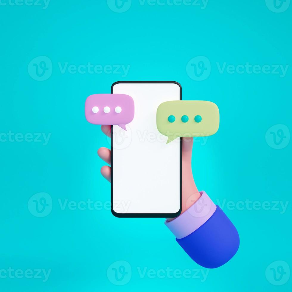 mão segurando o smartphone isolado em fundo azul, mão usando maquete de celular, conceito de comércio eletrônico, mensagem. renderização em 3D foto