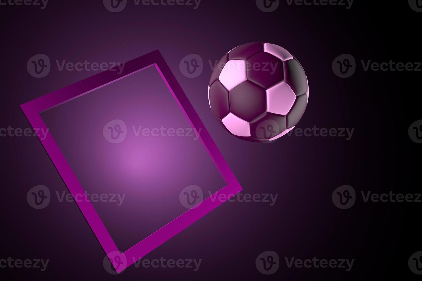 Bola de futebol 3d voando para o gol pairando no espaço escuro vazio contra o fundo claro roxo foto