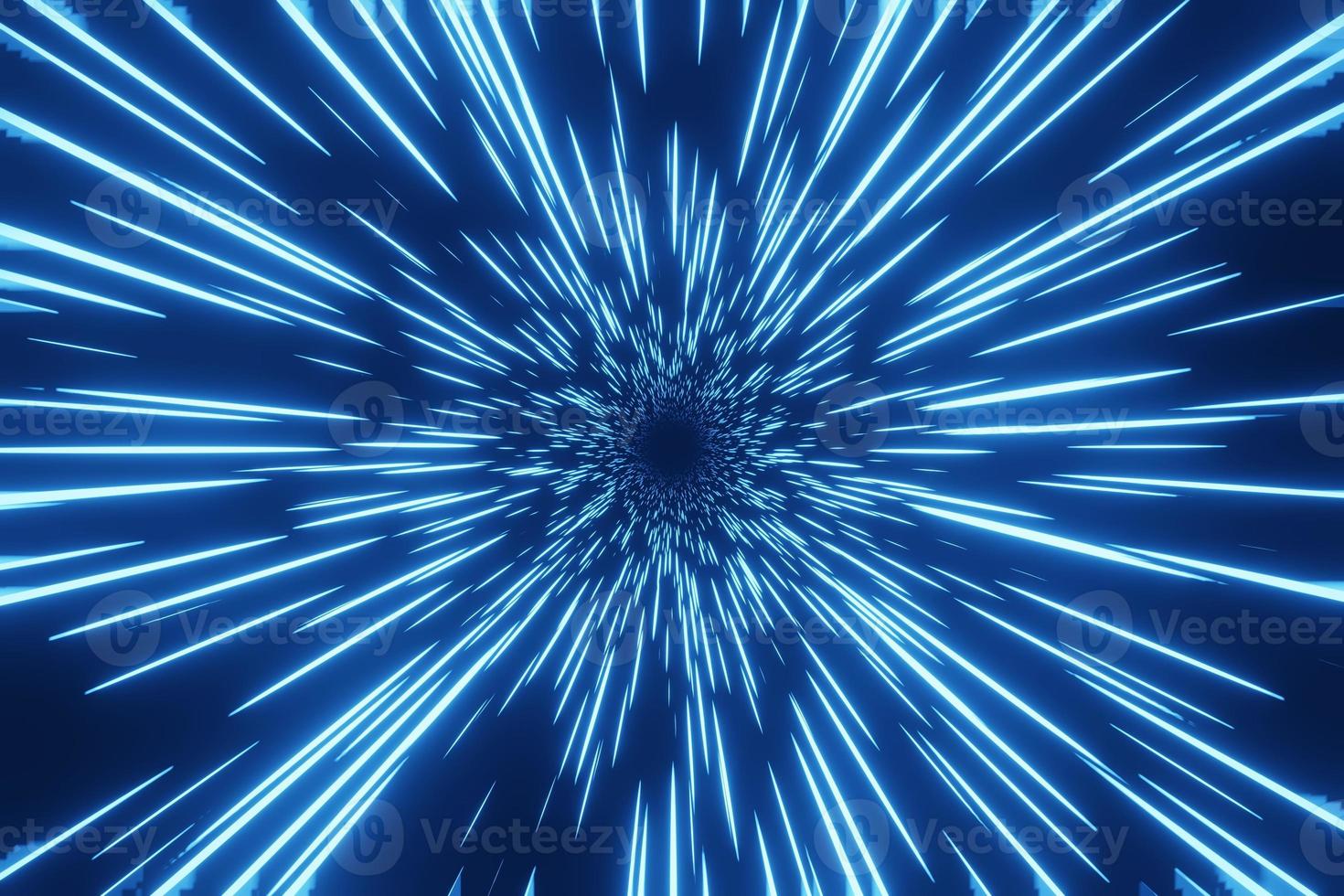 túnel futurista abstrato de luzes de velocidade, distorção do tempo, viajando no espaço, renderização em 3d de fundo foto