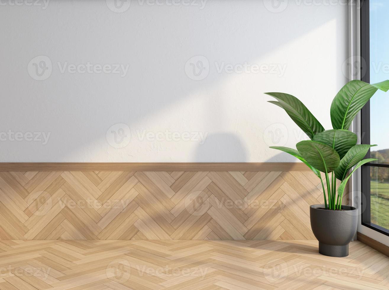 quarto vazio minimalista com parede branca e piso de madeira. renderização em 3D foto
