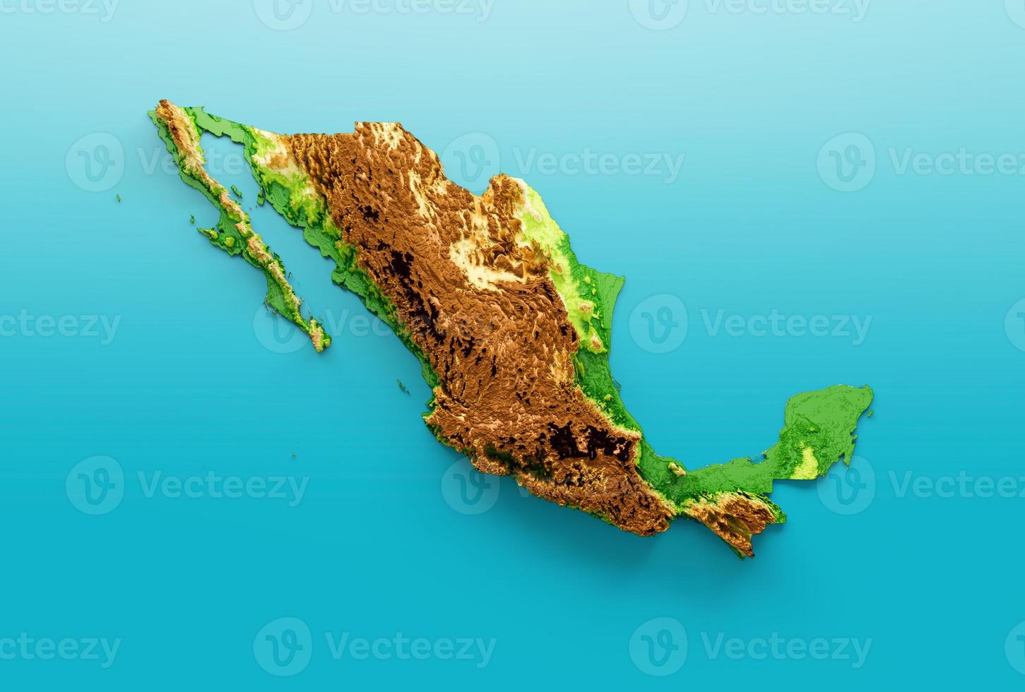 mapa do méxico relevo sombreado mapa de altura de cor no fundo azul do mar ilustração 3d foto