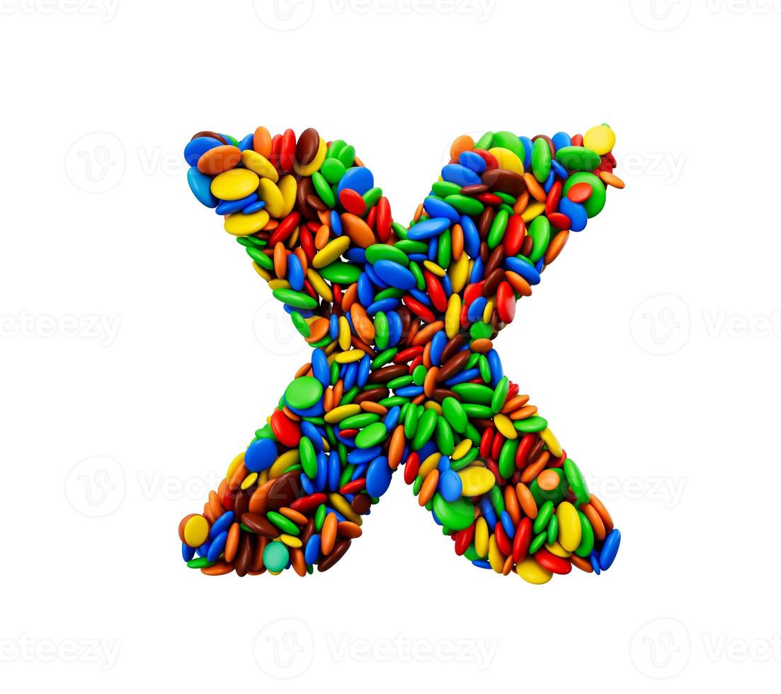 palavra x de doces multicoloridos do arco-íris festivos isolados na ilustração 3d de fundo branco foto