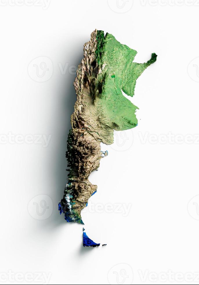 mapa da argentina mapa de altura de cor de relevo sombreado em ilustração 3d de fundo isolado foto