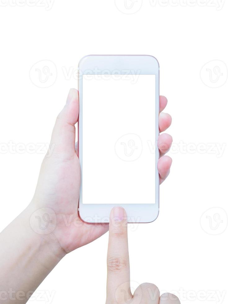 mão segurando o telefone inteligente isolado no fundo branco foto