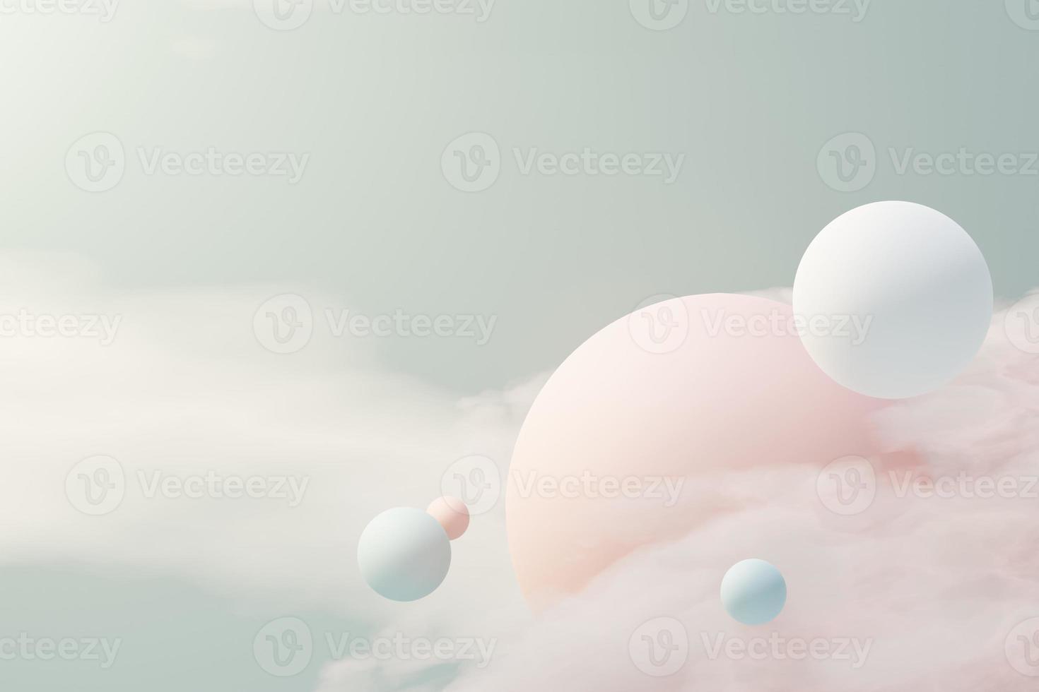 3d renderização de bola pastel, bolhas de sabão, bolhas que flutuam no ar com nuvens fofas e oceano. romance terra da cena dos sonhos. céu sonhador abstrato natural. foto