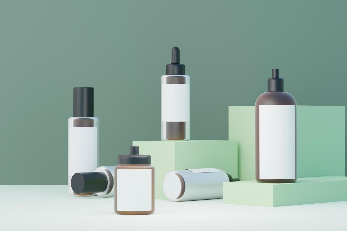 3d renderização de produtos cosméticos em branco para a pele ou embalagens para maquete. sabonete de beleza e conceito de spa. umidade do óleo de loção para a saúde da pele. design premium e de luxo para branding. foto