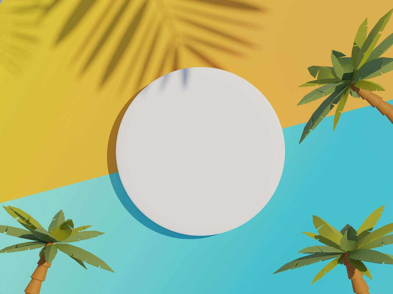 3D rendem a vista superior do quadro de cilindro em branco branco para simular e exibir produtos com cena de praia de verão e sombra de folhas de palmeira. fundo de temporada de horário de verão. foto