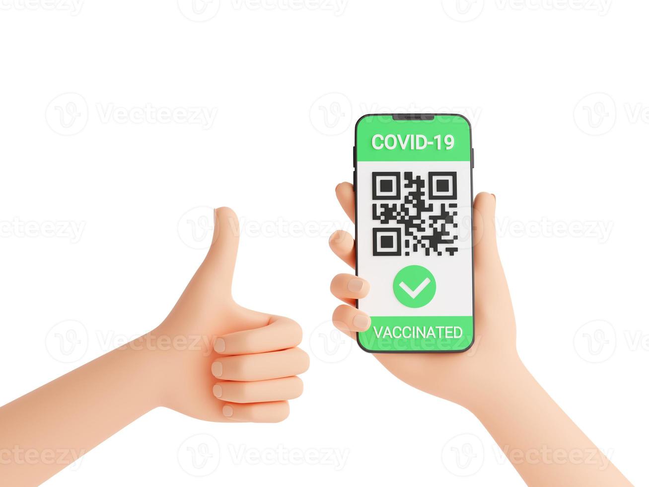 certificado de vacinação covid verde - código qr na tela do celular na mão humana e polegares para cima símbolo 3d render. foto