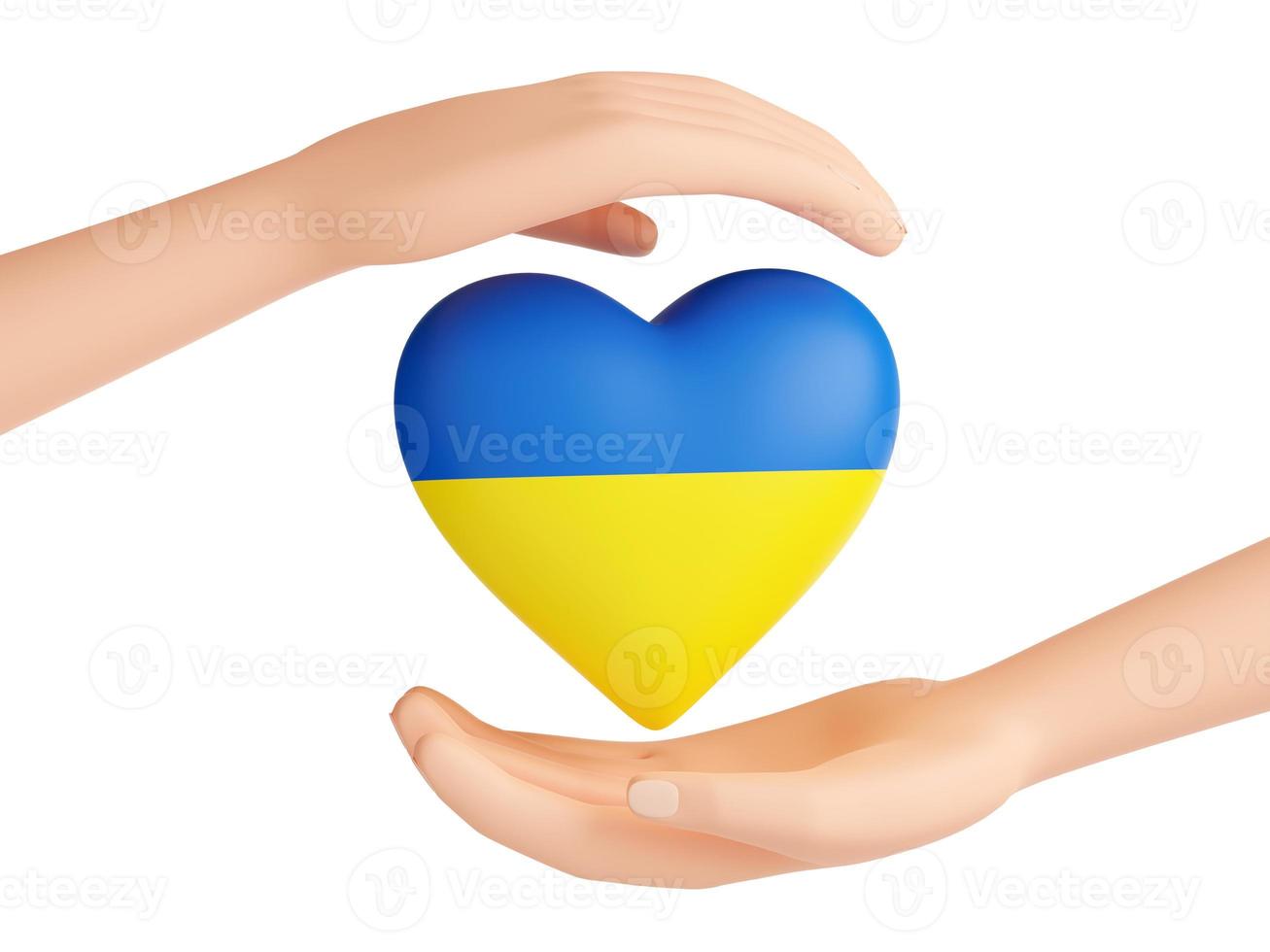 ajude a ucrânia - mãos humanas protegendo o coração das cores da bandeira ucraniana azul e amarela renderização 3d foto