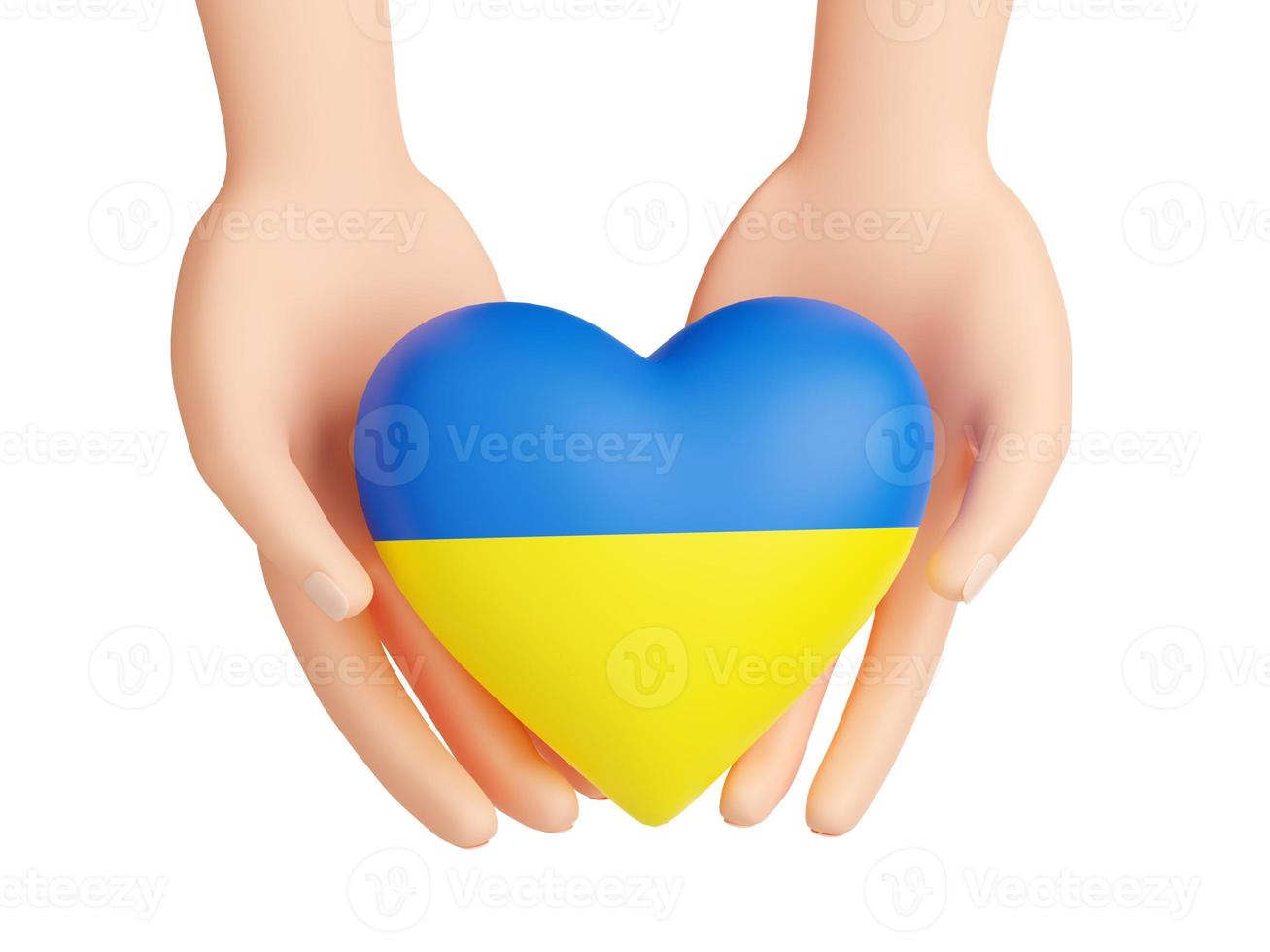 ajude a ucrânia - coração de cores azuis e amarelas da bandeira ucraniana em mãos humanas renderização 3d foto