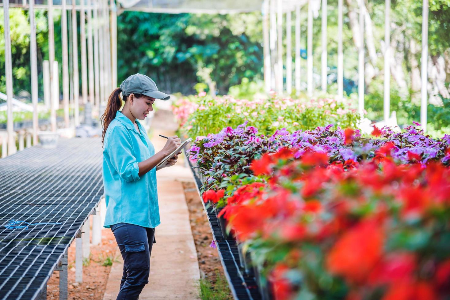 a garota está estudando e salvando a mudança de árvores, flores lindo fundo de flores de jardim em agricultores da natureza foto