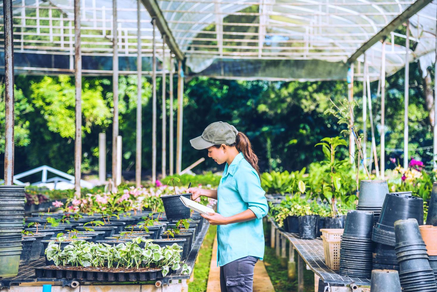 a garota está estudando e salvando a mudança de árvores, flores lindo fundo de flores de jardim em agricultores da natureza foto